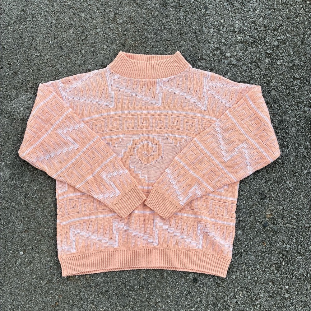 Vintage 1980s Peach & White Geometric Pattern Sweater